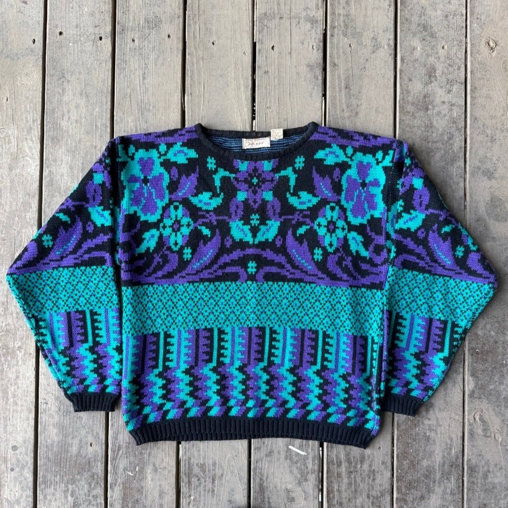 Country Craft Vintage 80s Mens Teal Purple Floral Geometric Knit Sweater Retro L